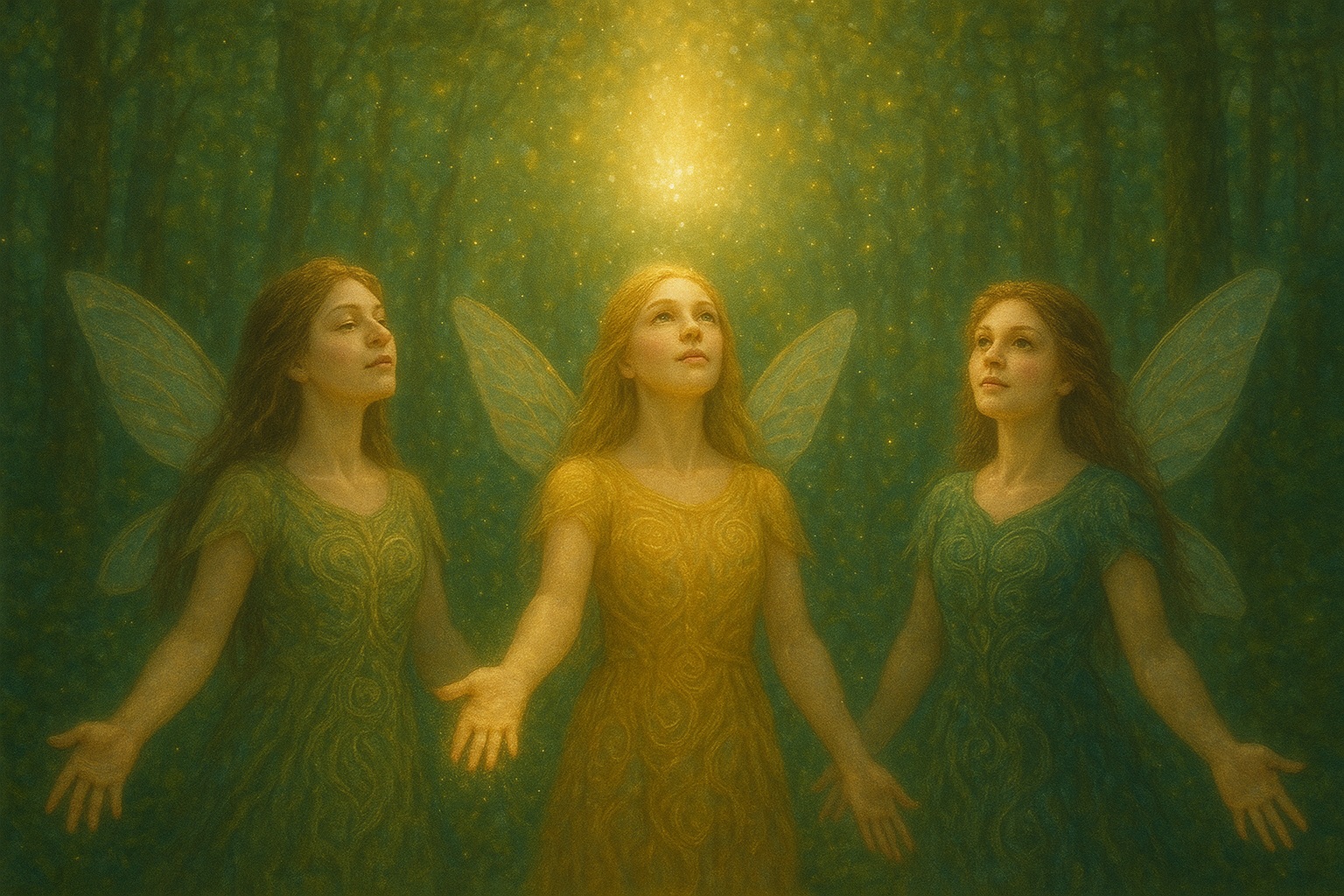 3人の妖精が手を差し出して一緒に次元上昇をしようという愛ある場面