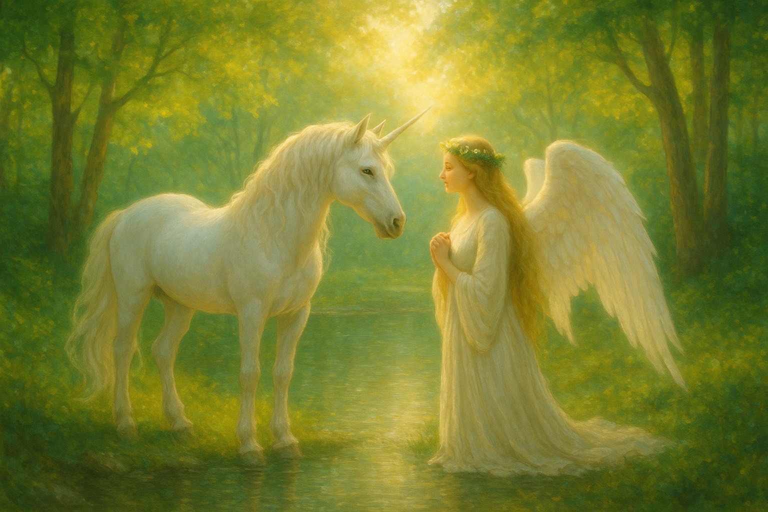 光と愛の世界を象徴する、ユニコーンと女神が池のほとりで見つめあう幻想的なイメージ