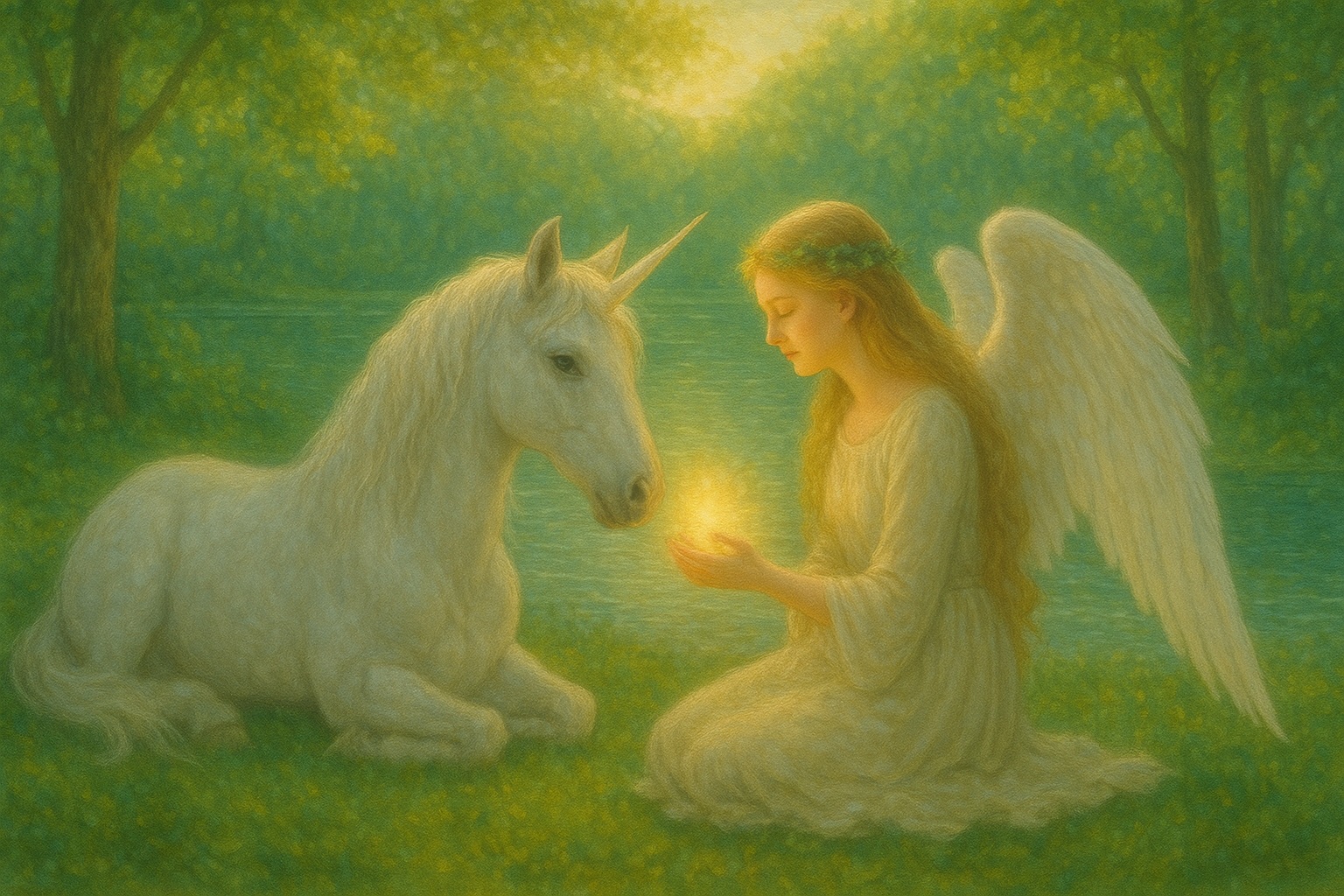愛と光のエネルギーで癒しを求めるユニコーンと女神